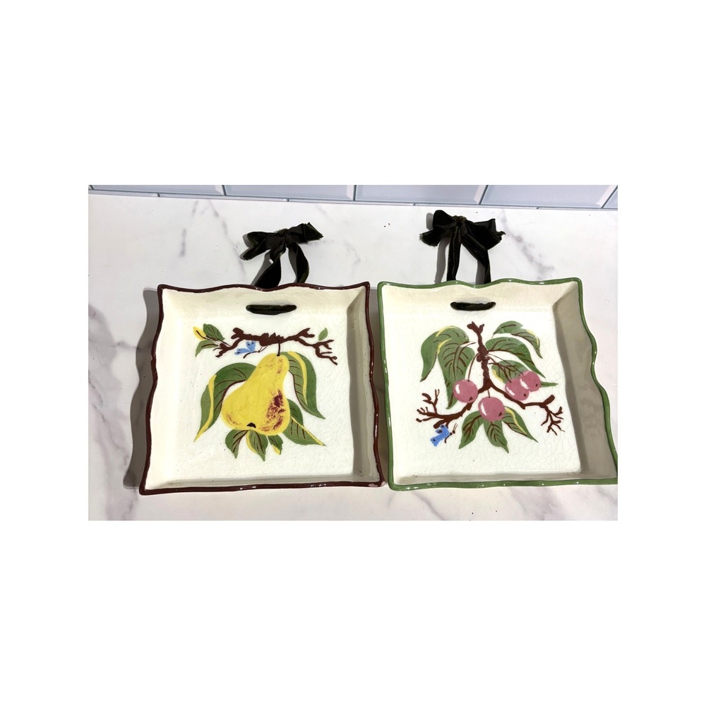 Vintage Hand Painted Ceramic‎ Fruit Wall Hanging Trays Pear Cherries Set of 2